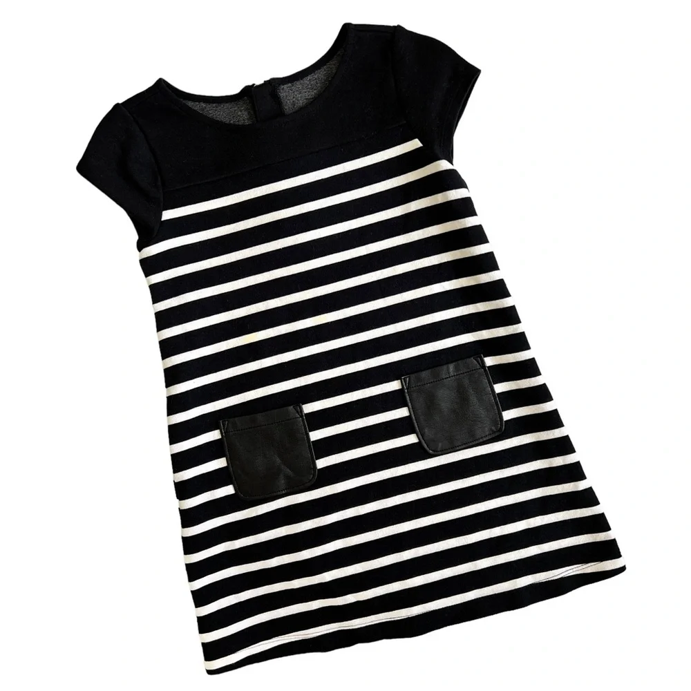 GYMBOREE Kids Black & White Striped Dress Sz 5 Faux Leather Pockets Cap Sleeve
